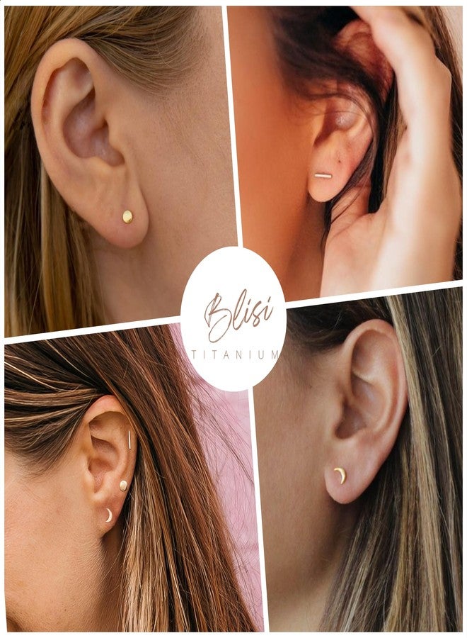 BLISI 3 Pairs Medical Grade Titanium Earrings Minimalist Gold Dot Bar Moon Studs Earrings Hypoallergenic Tiny Studs Earrings Line Stick Earrings - Image 3